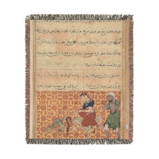 Bird of Seven Colors throw blanket flat front, vivid ukiyo-e bird bringing a sable on golden ground