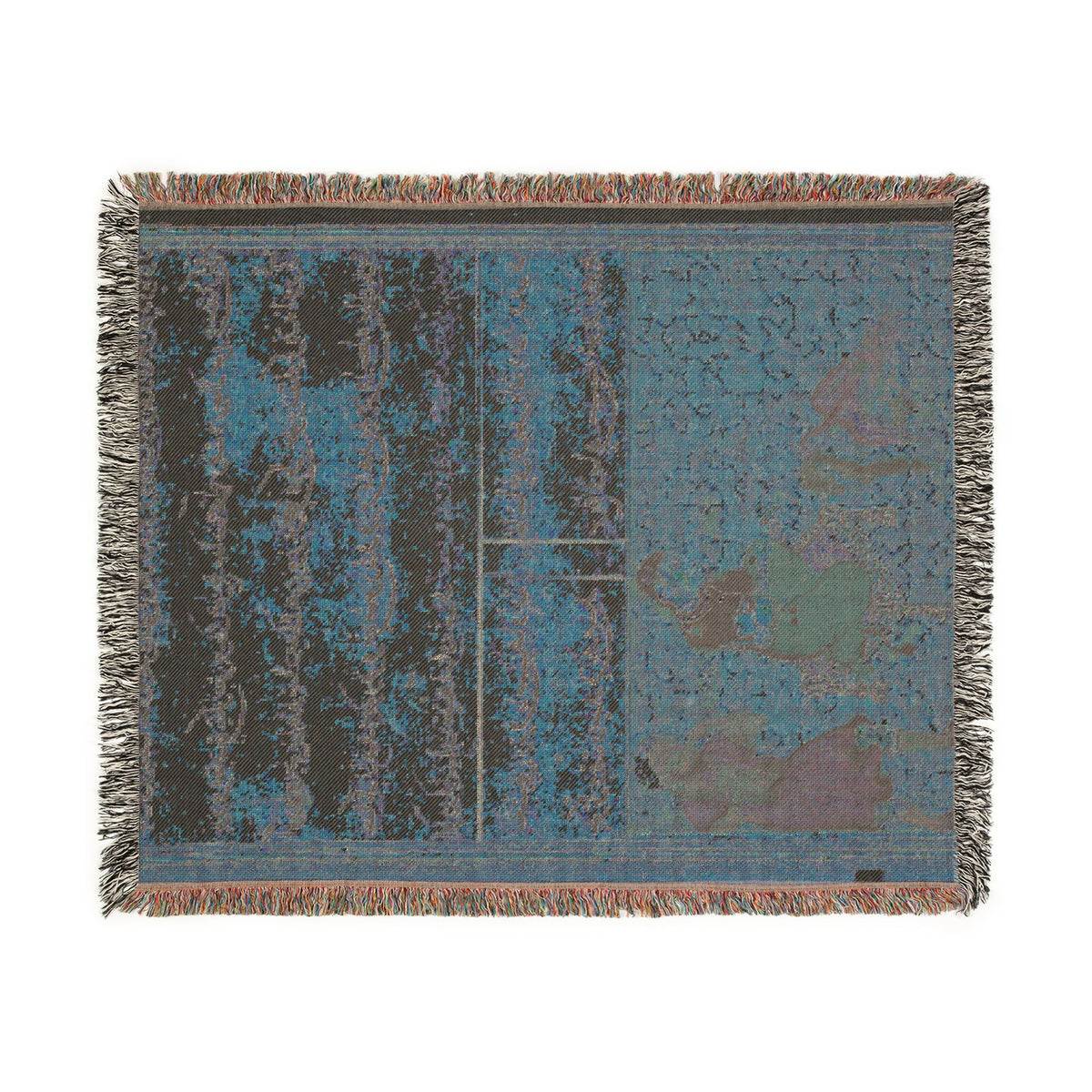 Bird of Seven Colors throw blanket reverse flat, muted tones showing back side of the bird and pious man