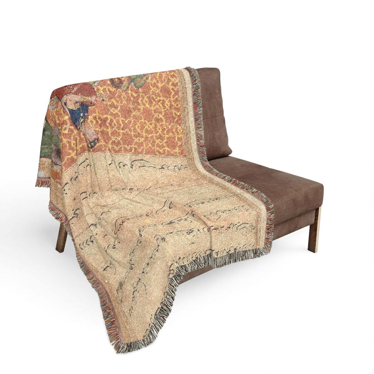 Bird of Seven Colors throw blanket over a sofa, multicolor bird composition spanning from back to seat