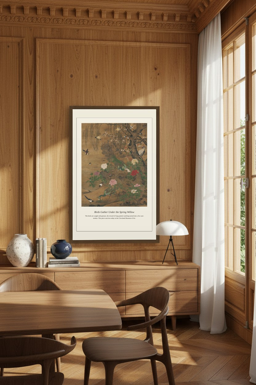 Birds Gather Under the Spring Willow — Antique Natural History Print
