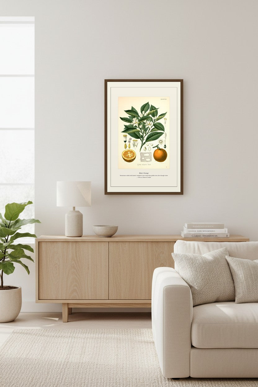 Bitter Orange print framed above a wood sideboard beside a fiddle leaf fig
