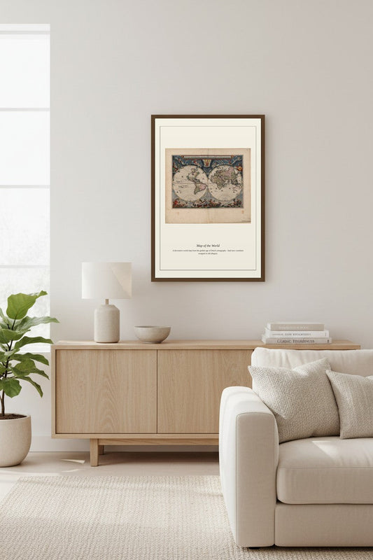 framed world map print above a wooden sideboard beside a potted plant and cream armchair