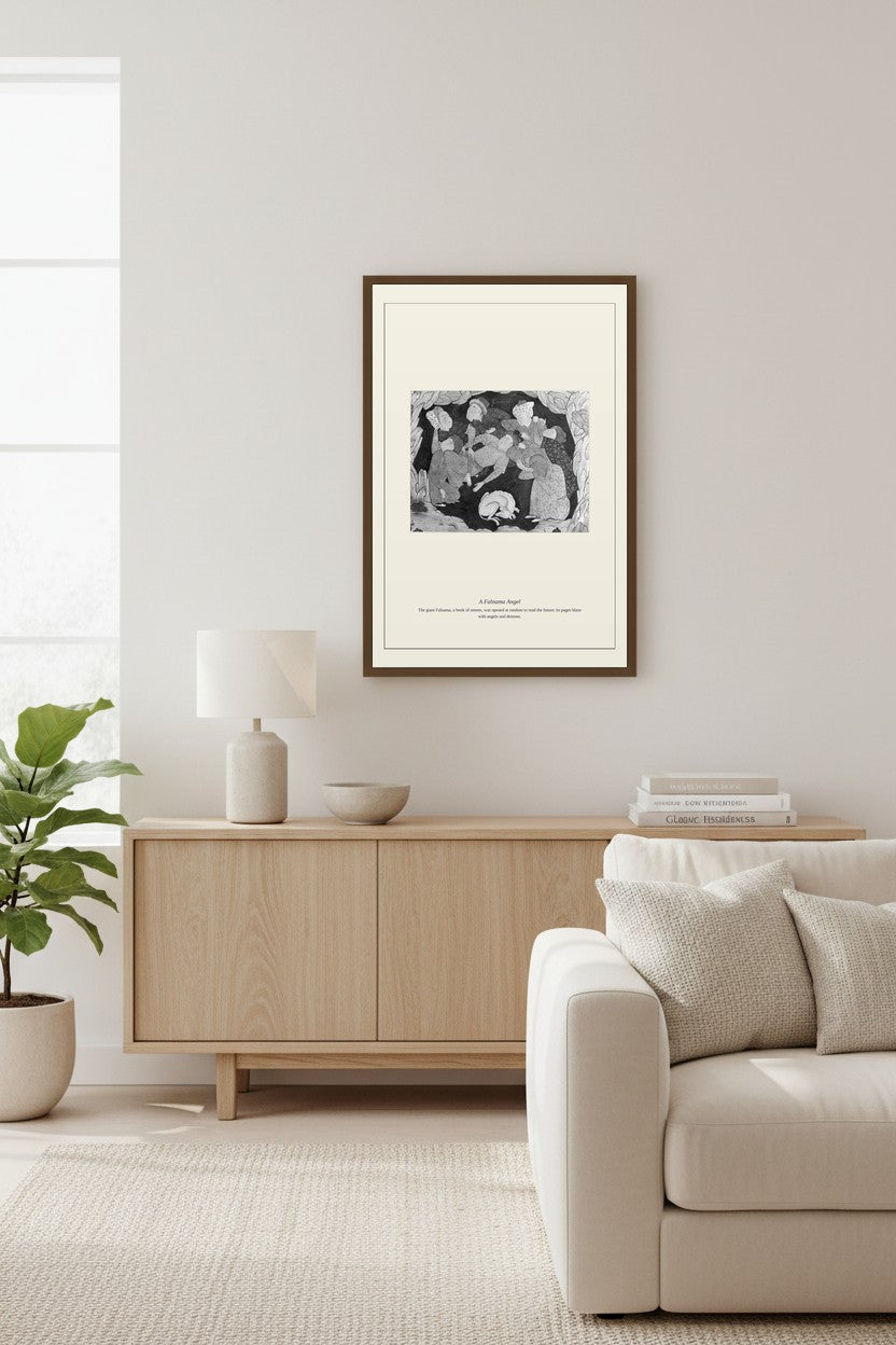 A Falnama Angel framed and displayed above a light wood sideboard near a sunlit window