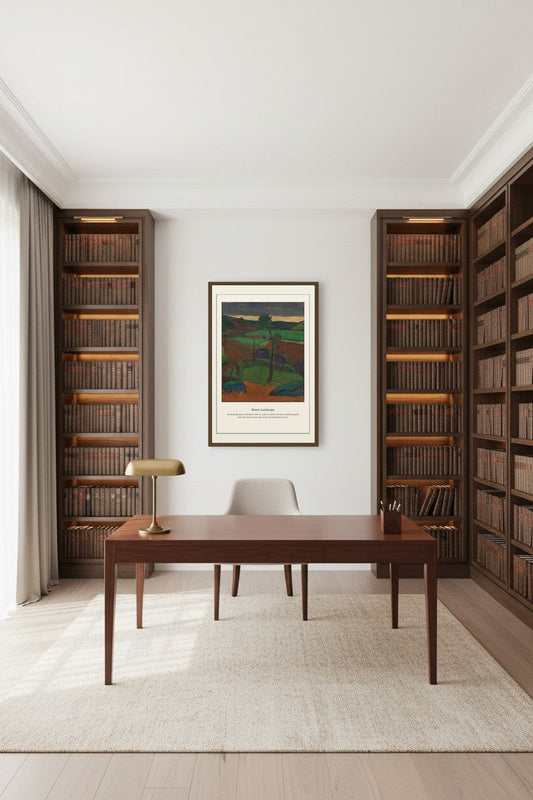 Framed Breton Landscape print above a wooden sideboard in a sunlit living room