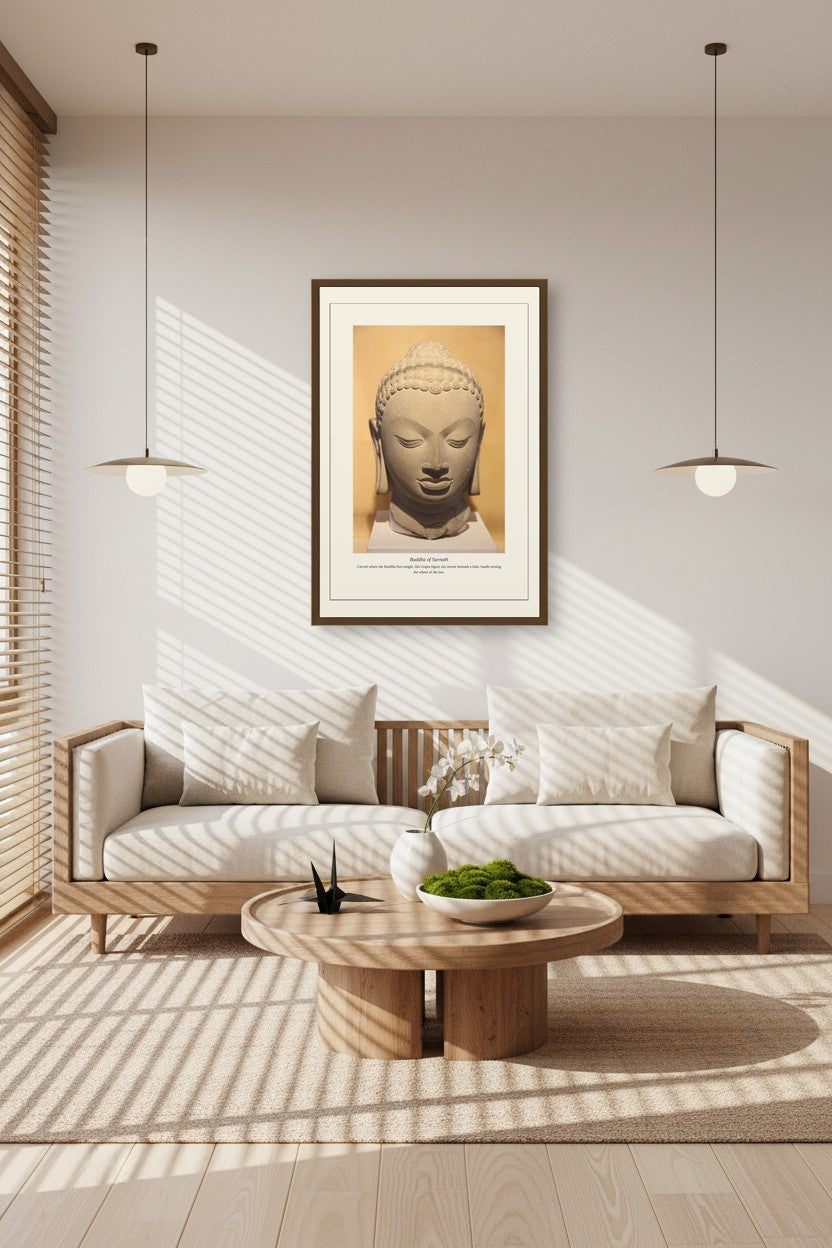 Buddha of Sarnath print hung in a sunlit Scandinavian living room with a round coffee table