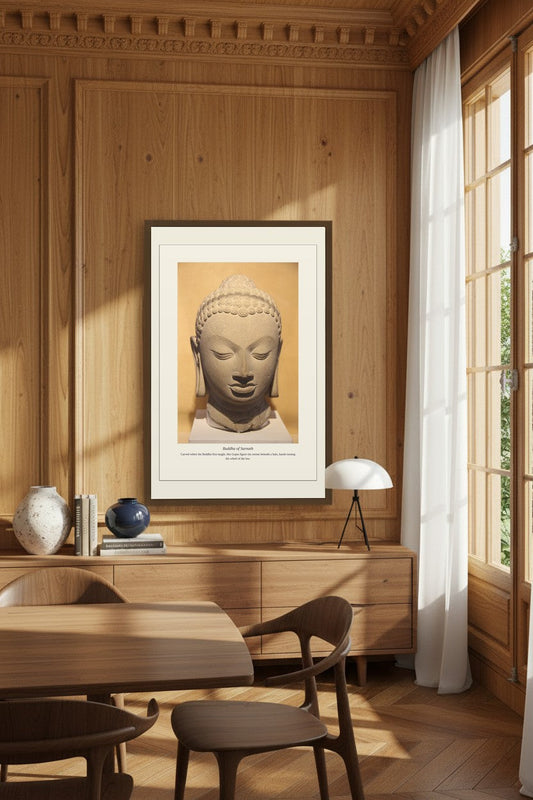 Buddha of Sarnath print in an elegant wood-paneled dining room with a table and chairs