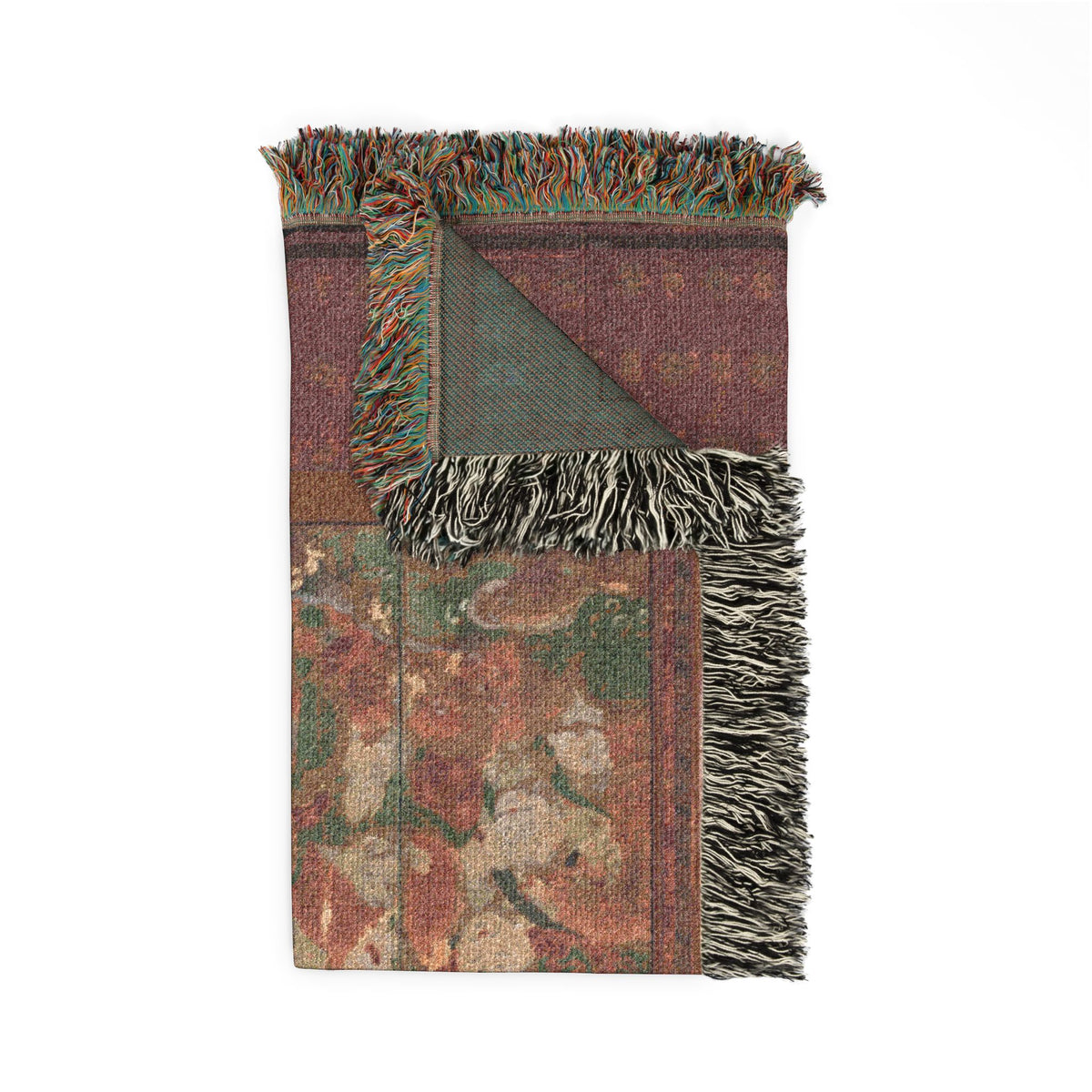Buddhist Deities woven throw blanket corner fold, crimson front with deity imagery and charcoal-grey back