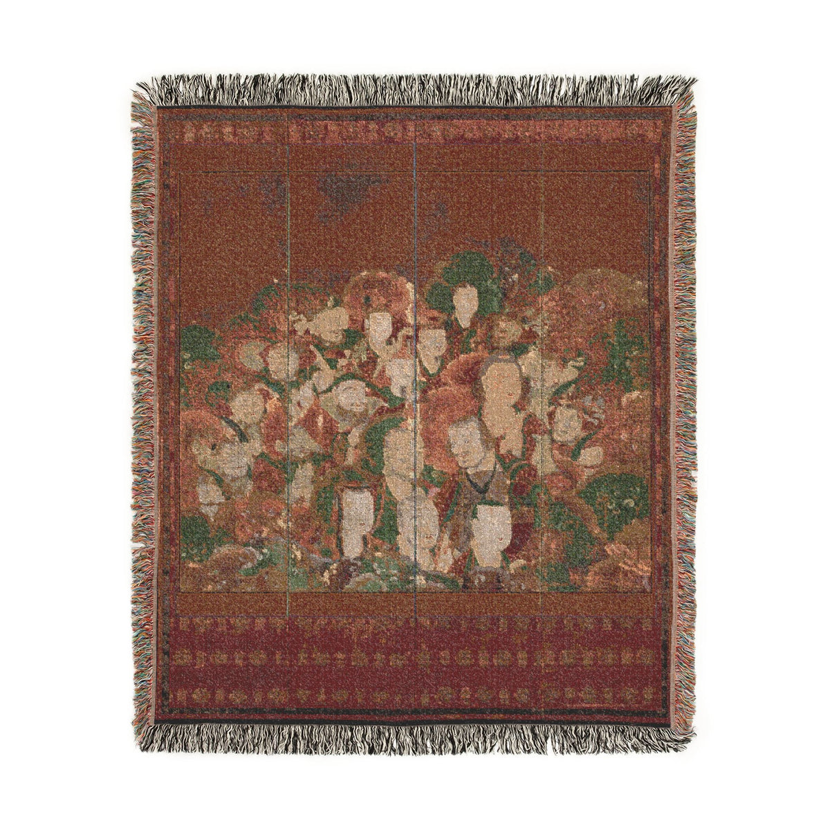 Buddhist Deities woven throw blanket flat lay, deep crimson ground with cream and pink deity figures in green foliage