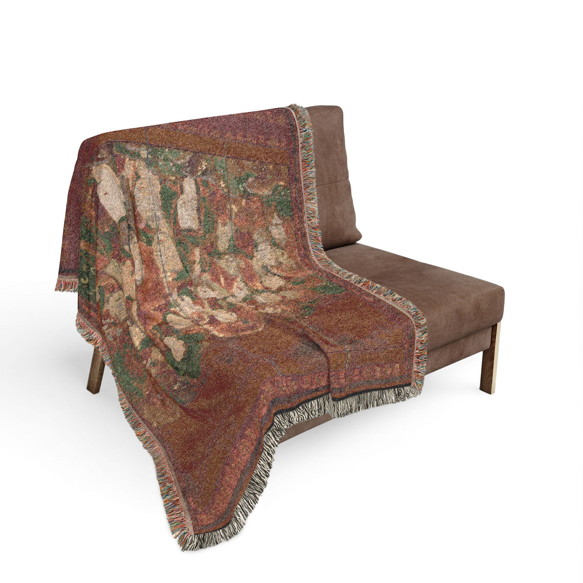 Buddhist Deities woven throw blanket draped over sofa back, rich crimson with green and cream deity design