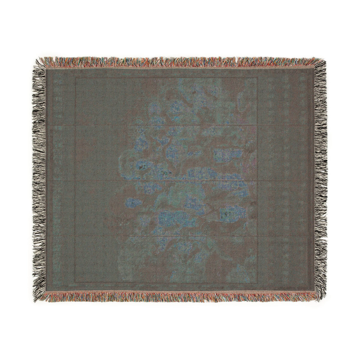 Buddhist Deities woven throw blanket reverse, dark charcoal with soft blue-teal deity silhouettes and fringe