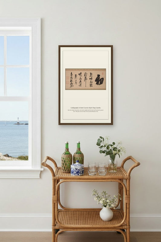Calligraphy in Semi Cursive Style Xing framed above a sofa in a bright living room