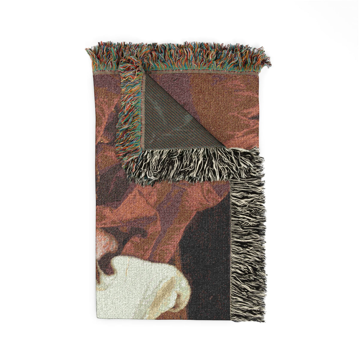 Cardinal Guillaume Dubois Woven Throw Blanket folded corner, red-brown portrait side visible, fringe accent