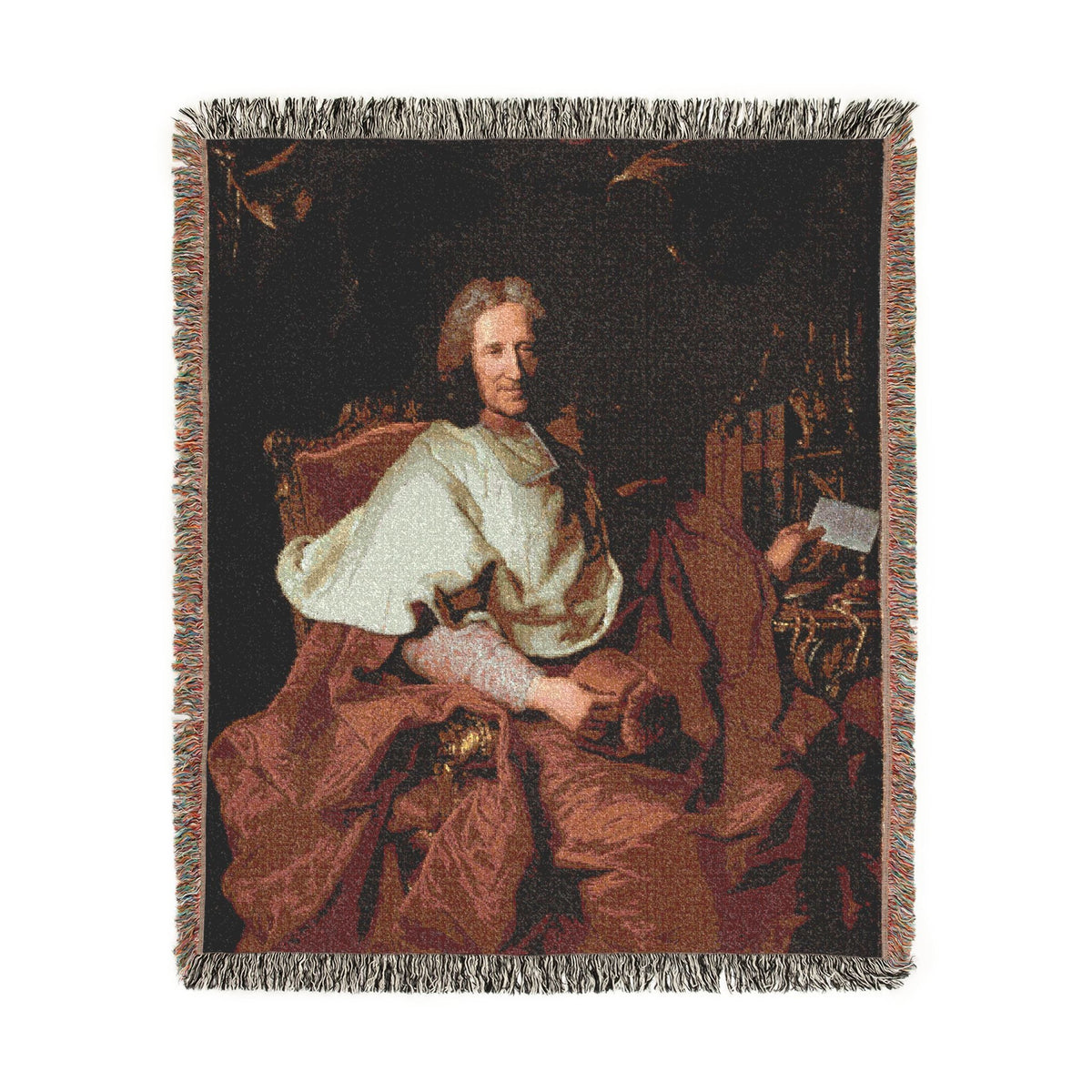 Cardinal Guillaume Dubois Woven Throw Blanket flat lay, dark crimson robed figure, jewel tones, multicolor fringe