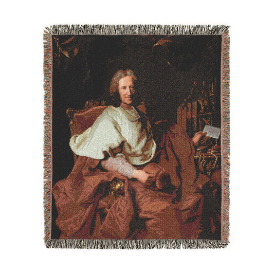 Cardinal Guillaume Dubois Woven Throw Blanket flat lay, dark crimson robed figure, jewel tones, multicolor fringe