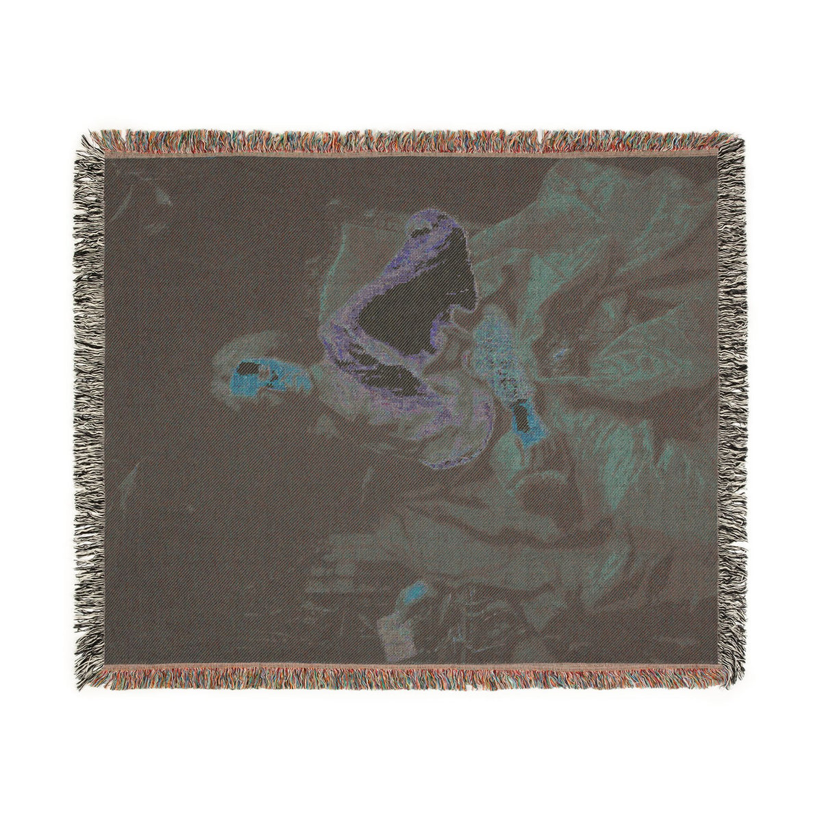 Cardinal Guillaume Dubois Woven Throw Blanket reverse side flat lay, muted tones, cream border, multicolor fringe