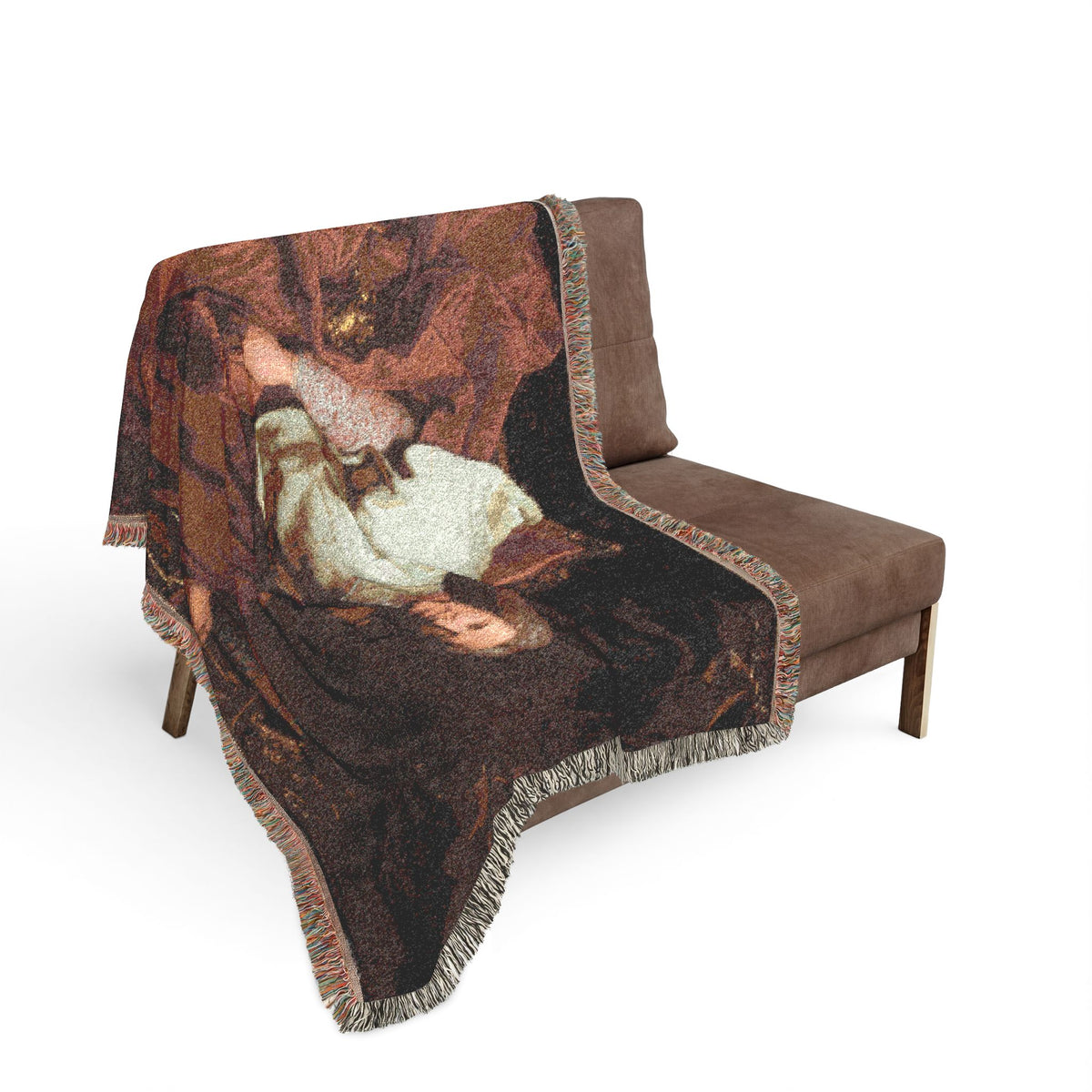 Cardinal Guillaume Dubois Woven Throw Blanket sofa drape, portrait tones across cushion and backrest, fringe edge