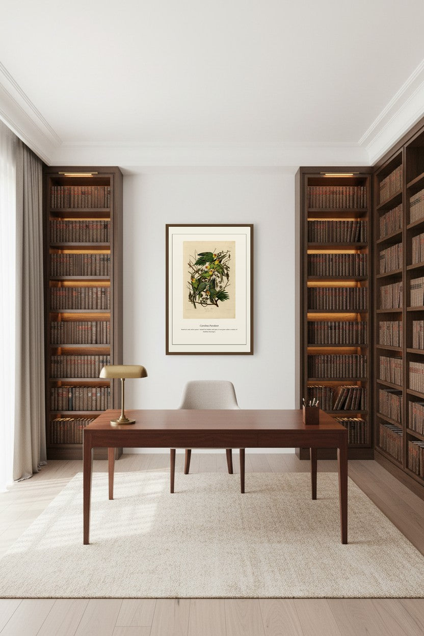 Carolina Parrot lithograph framed above a wood desk between dark built-in bookshelves in a study