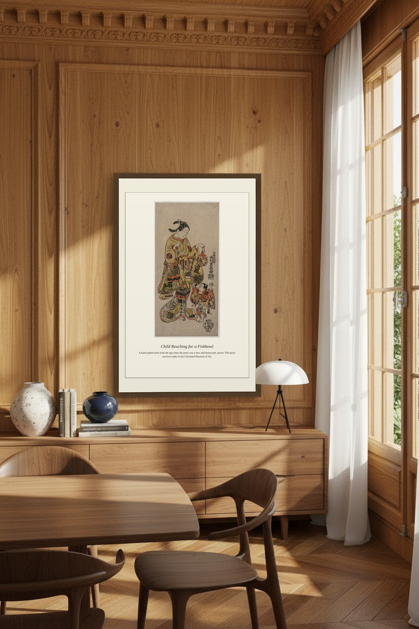 Child Reaching for a Fishbowl — Antique Natural History Print