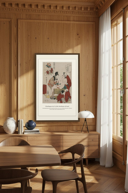 Chushingura Act X print framed above a sideboard in a wood-paneled dining room with sheer curtains