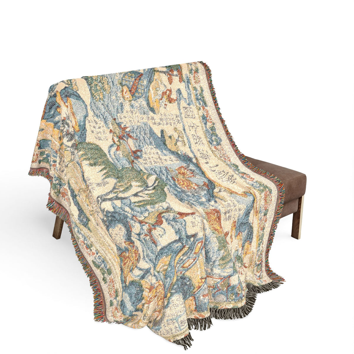 Classic of Mountains and Seas throw blanket over bench, blue-green mountains and mythical creatures on cream, fringe draping