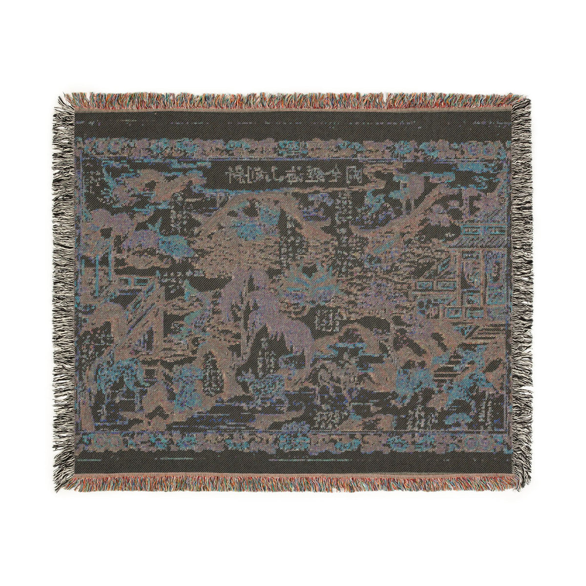 Classic of Mountains and Seas throw blanket flat reverse, dark charcoal with blue-teal Chinese mythical landscape, fringe