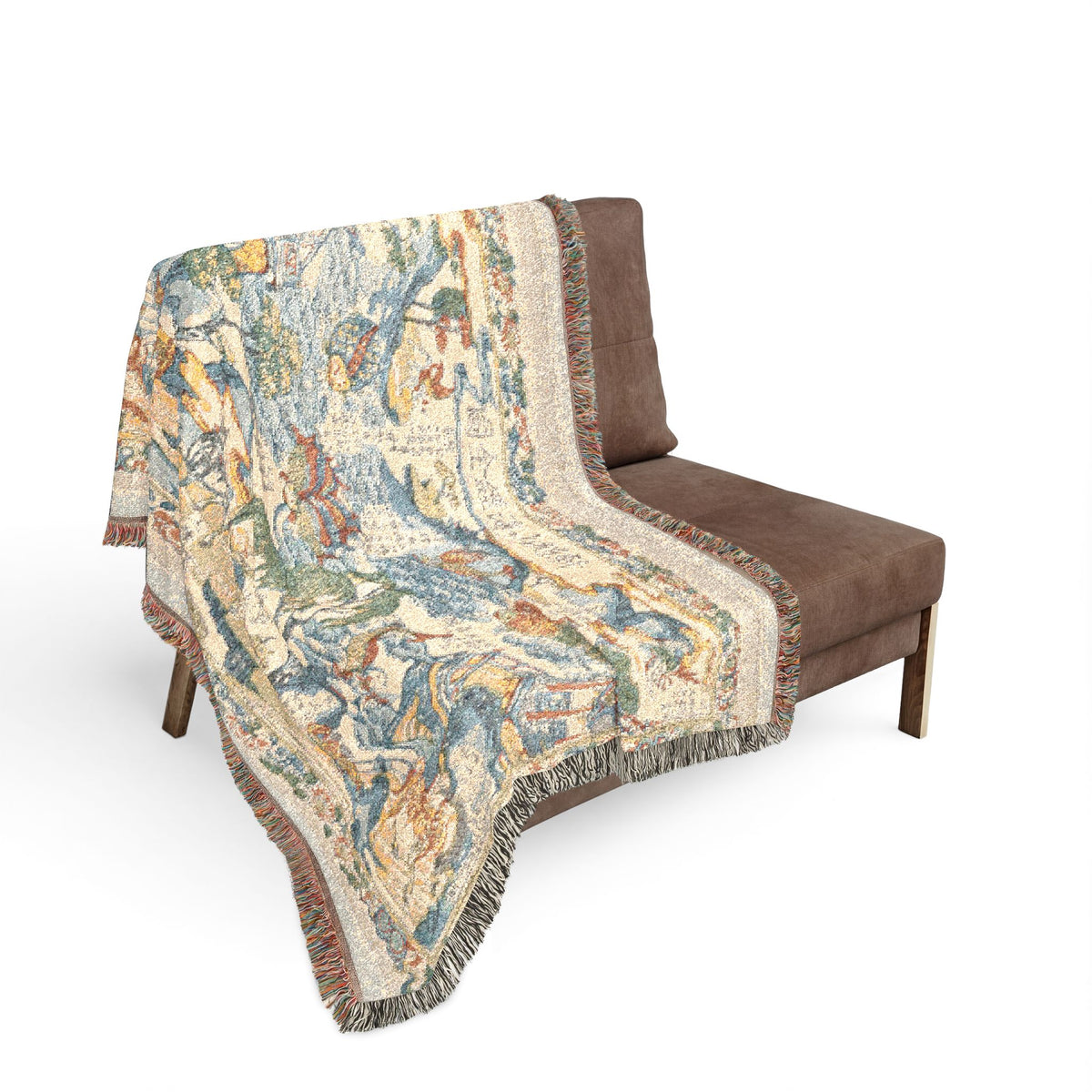 Classic of Mountains and Seas throw blanket over sofa, cream with blue mountains and colorful mythical creatures, fringe