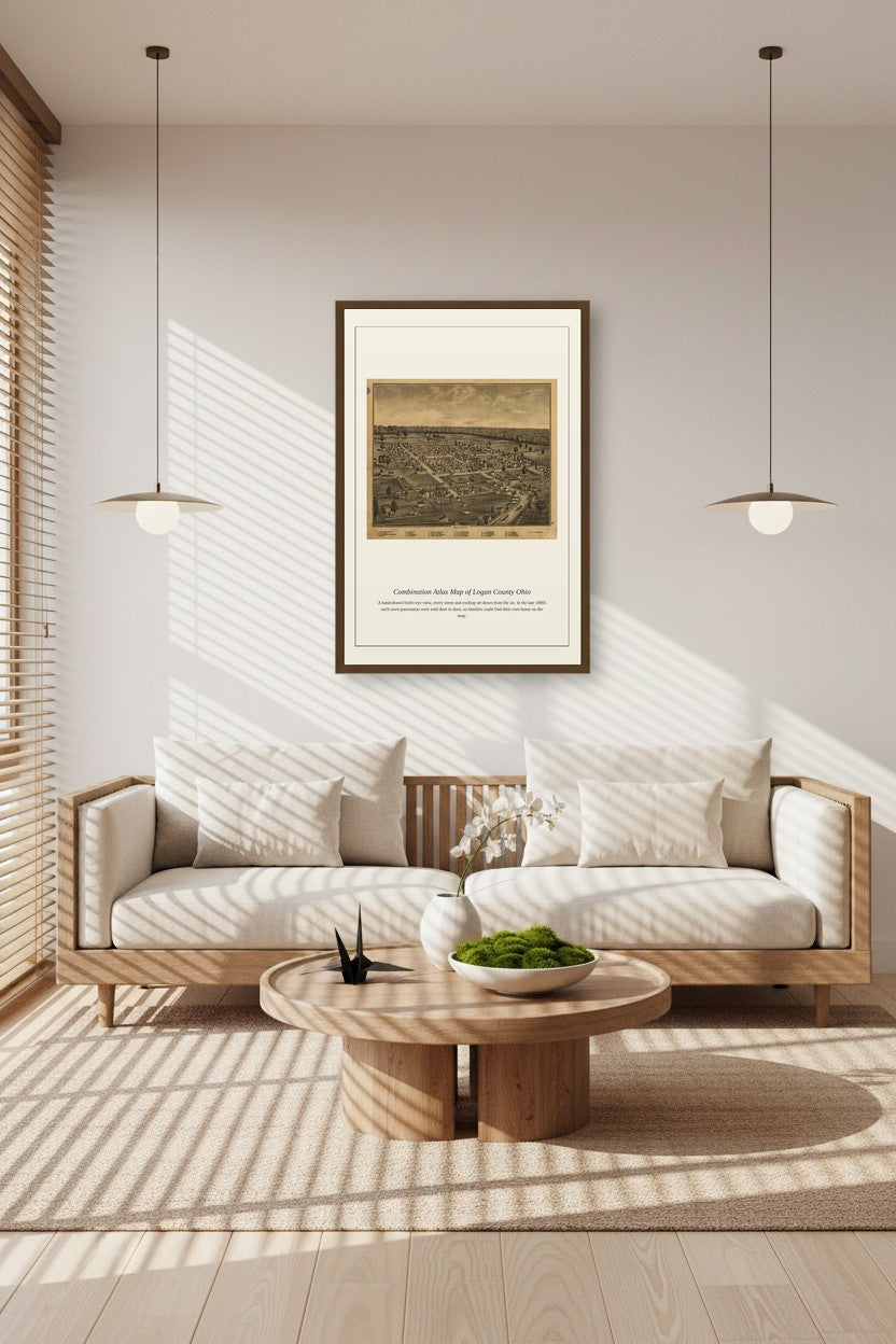 Combination Atlas Map of Logan County Ohio hanging between two pendant lights above a wood-slat sofa