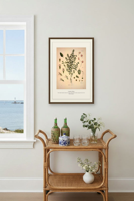 Common Thyme print in a slim frame above a beige sectional in a bright living room