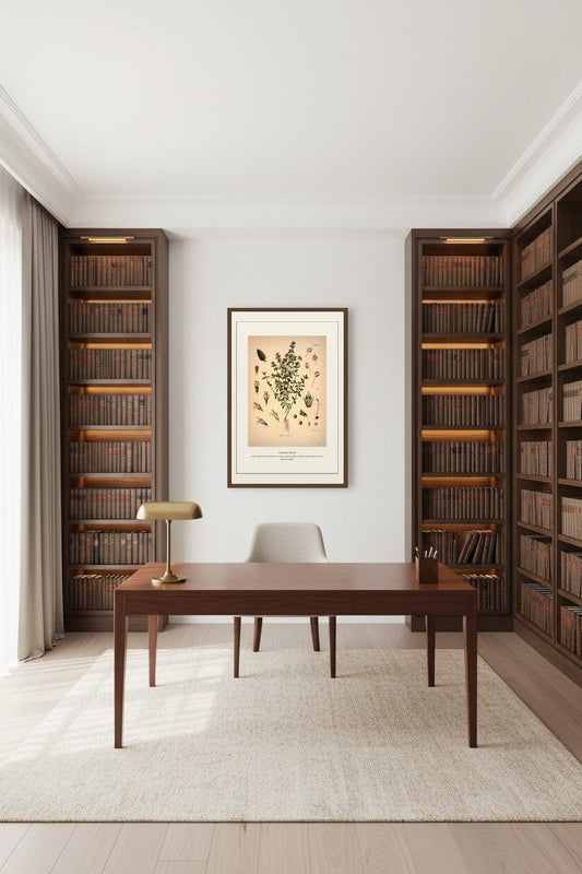Common Thyme botanical art framed above a rattan bar cart in a coastal window nook