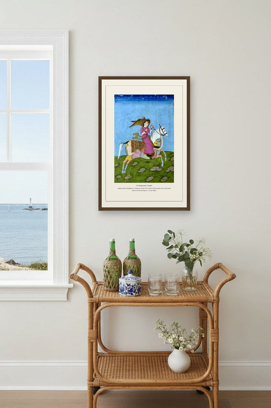 Mughal composite-animal painting print framed above a coastal bar cart