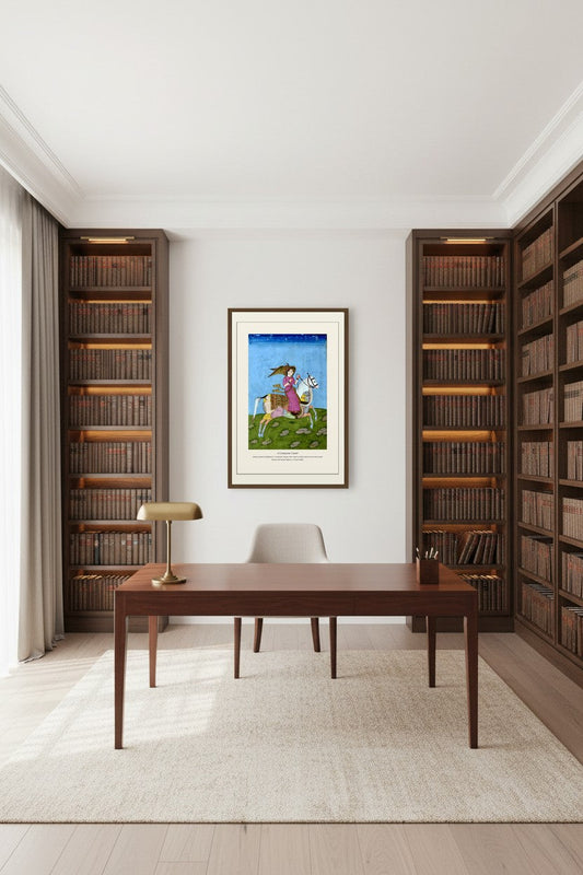 Composite Camel print framed in a dark wood library beside a desk