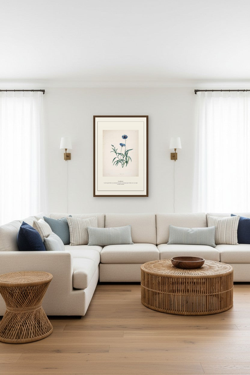 Framed Cornflower print displayed in a wood-paneled study above a desk and bookshelves