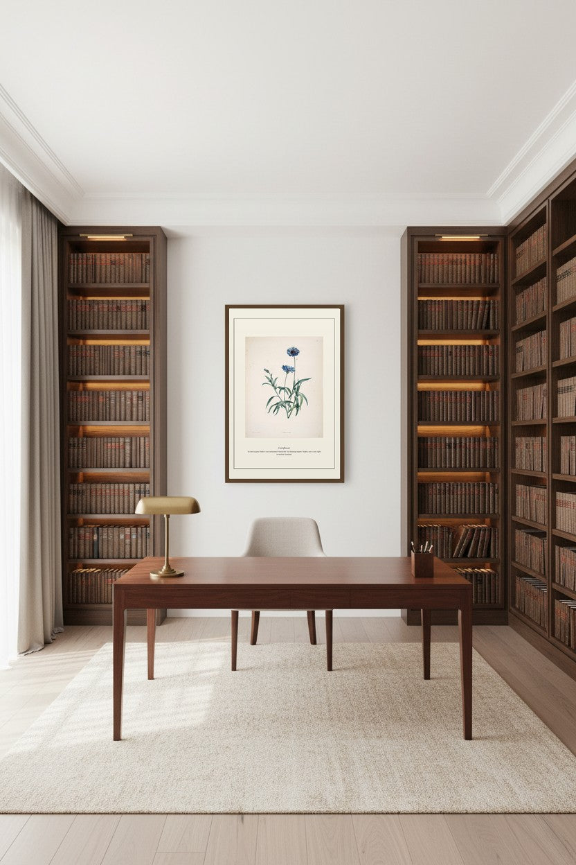 Cornflower botanical framed above a light wood console beside a woven jute rug