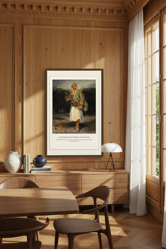 Count Demetrius de Palatiano in Suliot Costume framed on wood paneling beside a curtained window in a dining room