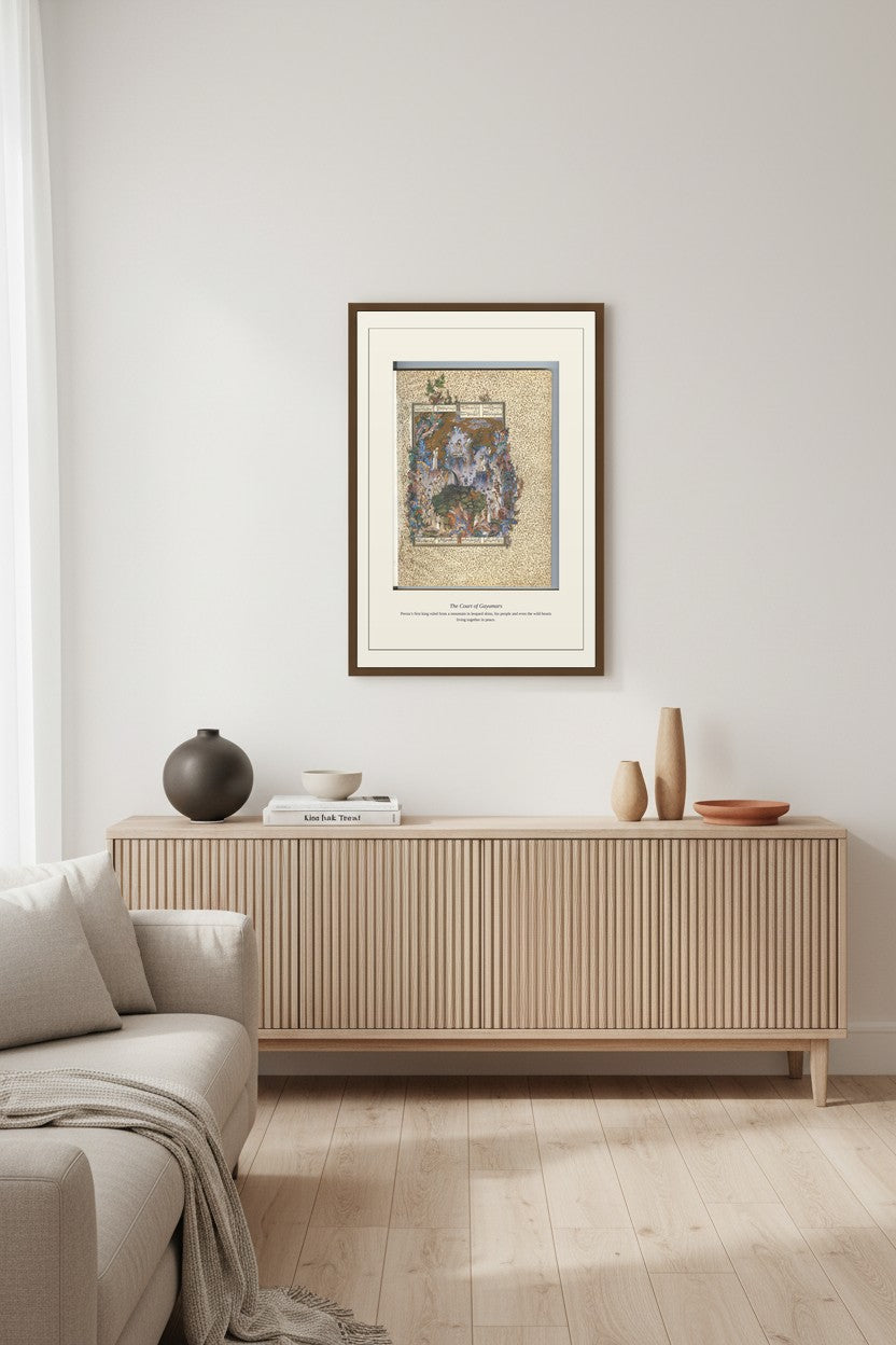 Court of Gayumars print above a light fluted wood sideboard in a living room