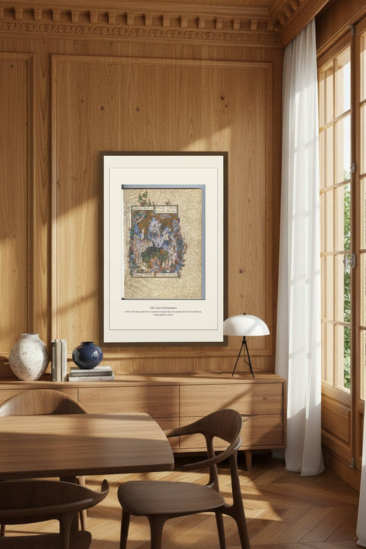 Court of Gayumars print in an elegant wood-paneled dining room with a table and chairs