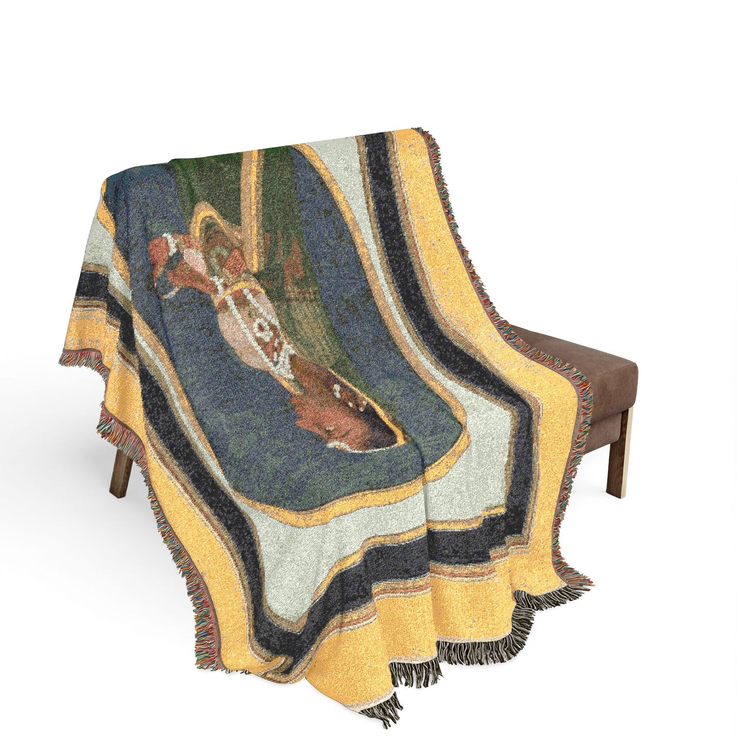 Court Lady Pouring Wine throw blanket over bench, gold-yellow border and navy oval with robed court lady, colorful fringe