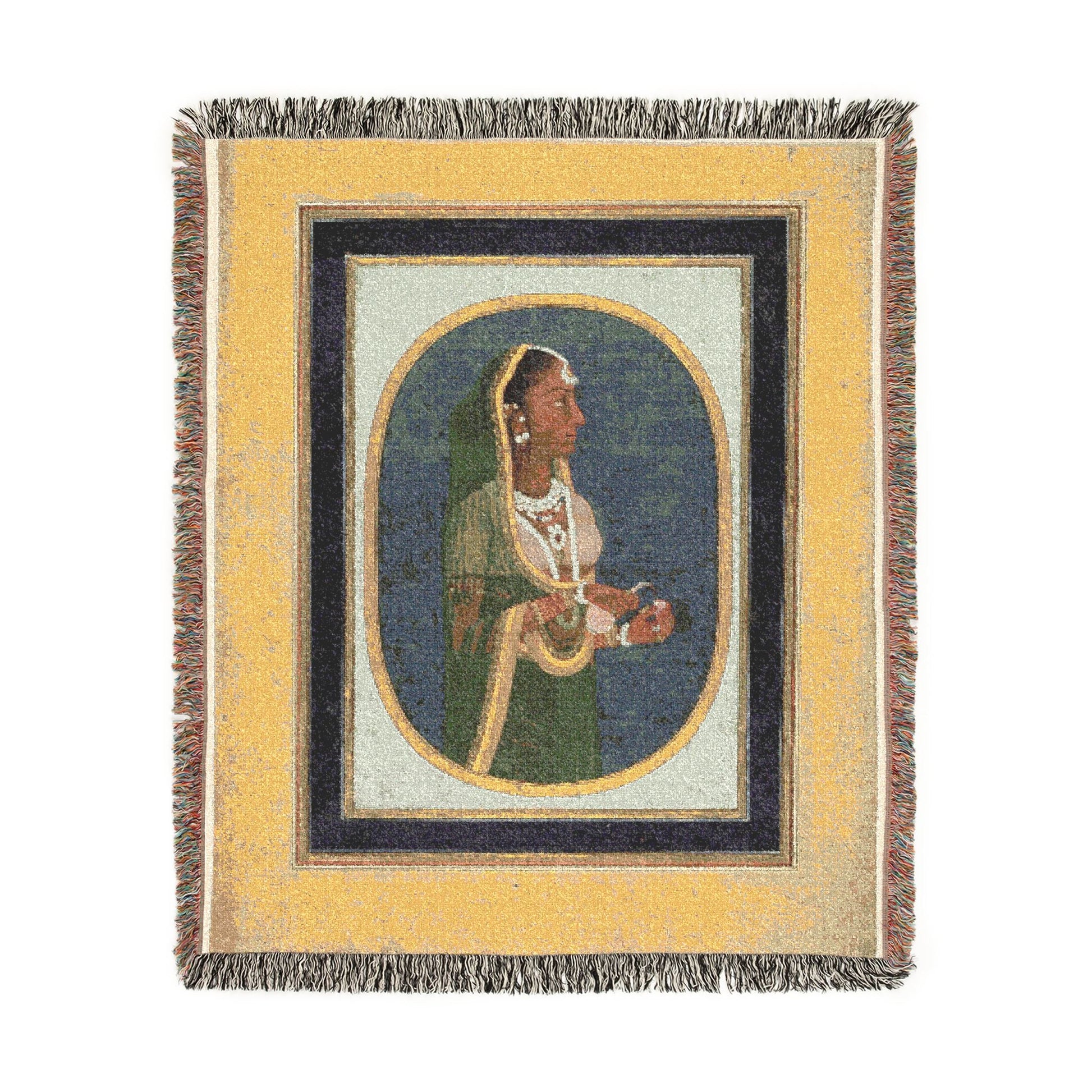 Court Lady Pouring Wine throw blanket flat front, gold-yellow border, dark navy oval medallion with robed court lady, fringe
