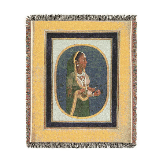 Court Lady Pouring Wine throw blanket flat front, gold-yellow border, dark navy oval medallion with robed court lady, fringe
