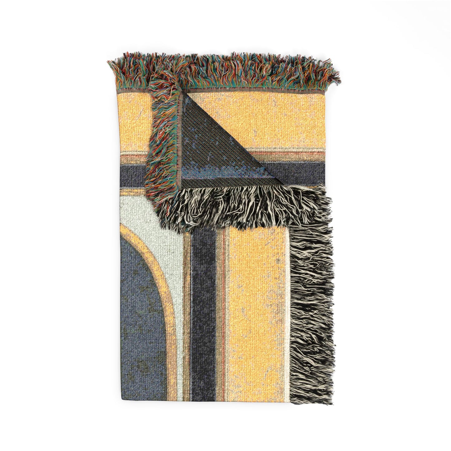 Court Lady Pouring Wine throw blanket folded, gold-yellow and dark navy striped geometric pattern front, fringe corner detail