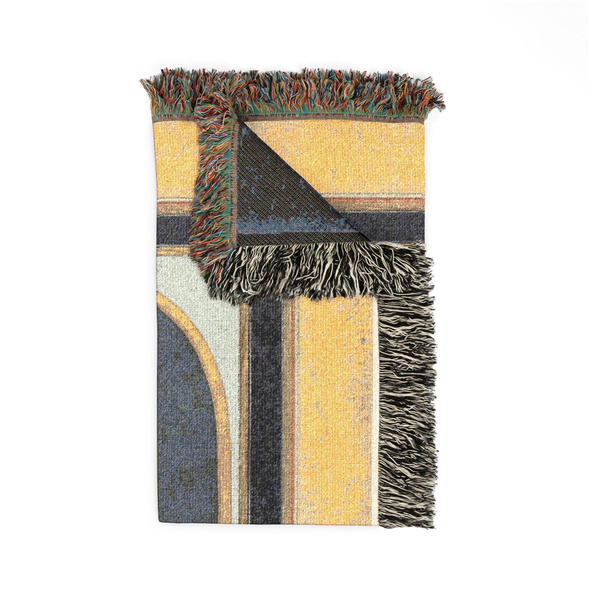 Court Lady Pouring Wine throw blanket folded, gold-yellow and dark navy striped geometric pattern front, fringe corner detail