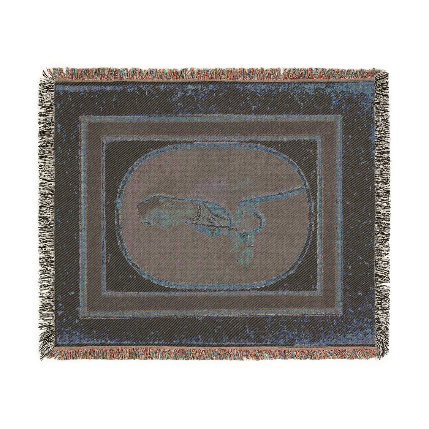 Court Lady Pouring Wine throw blanket flat reverse, dark charcoal-navy with blue-teal oval framed woven motif, fringe border