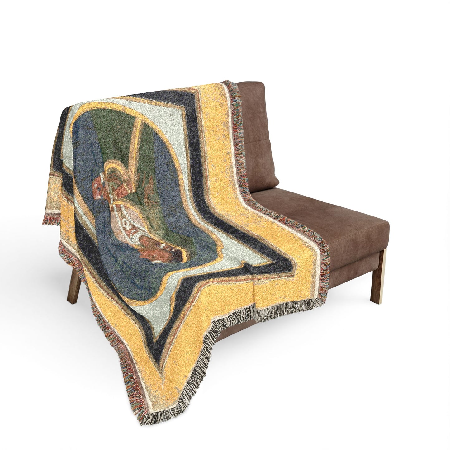 Court Lady Pouring Wine throw blanket draped over sofa, gold-yellow border and navy oval with court lady, fringe flowing down