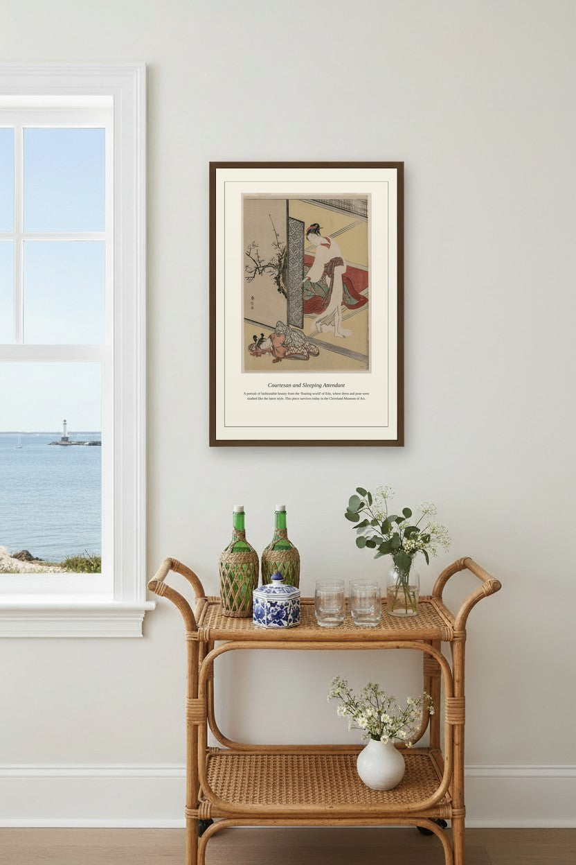 Courtesan and Sleeping Attendant framed above a rattan bar cart beside a window with ocean view