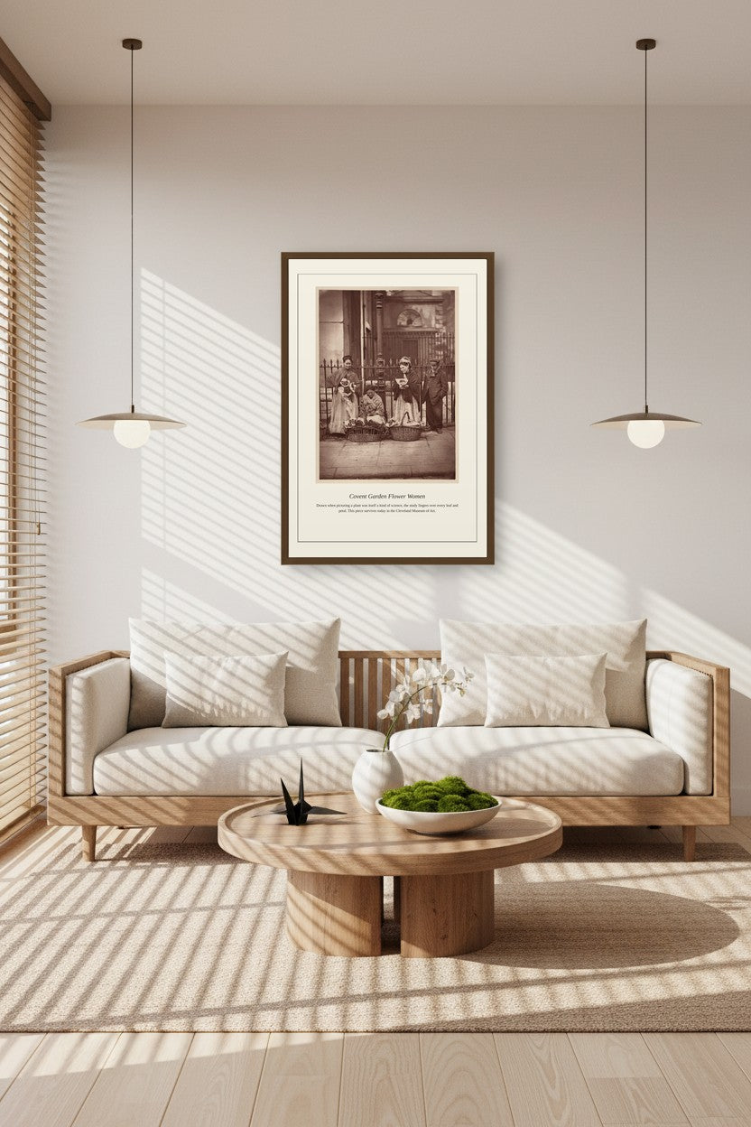 Framed Covent Garden flower sellers photograph above a sofa in a sunlit striped-shadow room