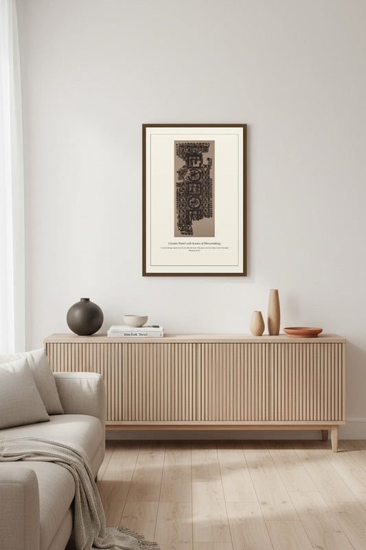 Curtain Panel with Scenes of Merrymaking framed above a light wood console table with ceramic vases