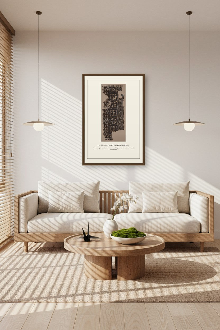Curtain Panel with Scenes of Merrymaking framed between two pendant lights above a sunlit wooden sofa
