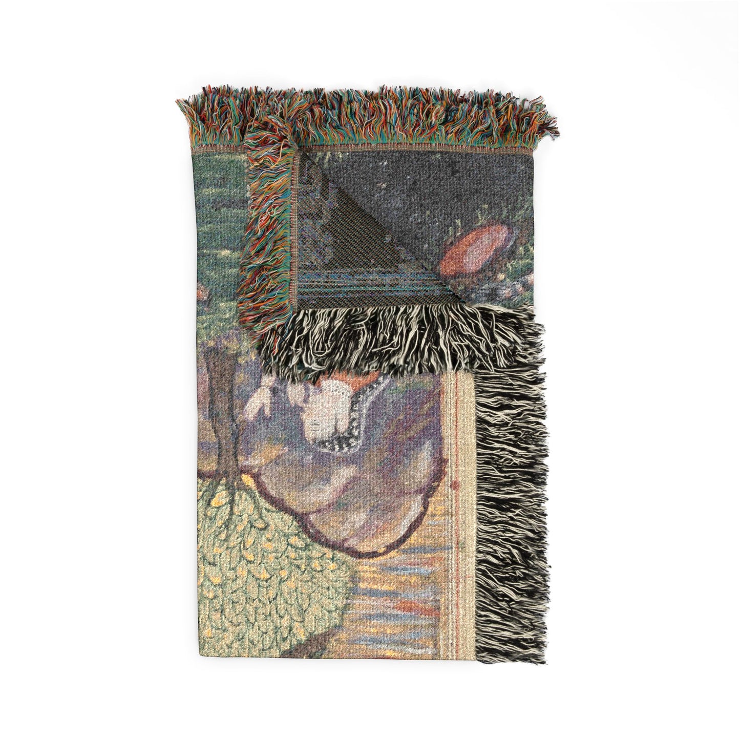 Banaras blanket corner fold showing front fable miniature and dark reverse corner, fringe edges visible