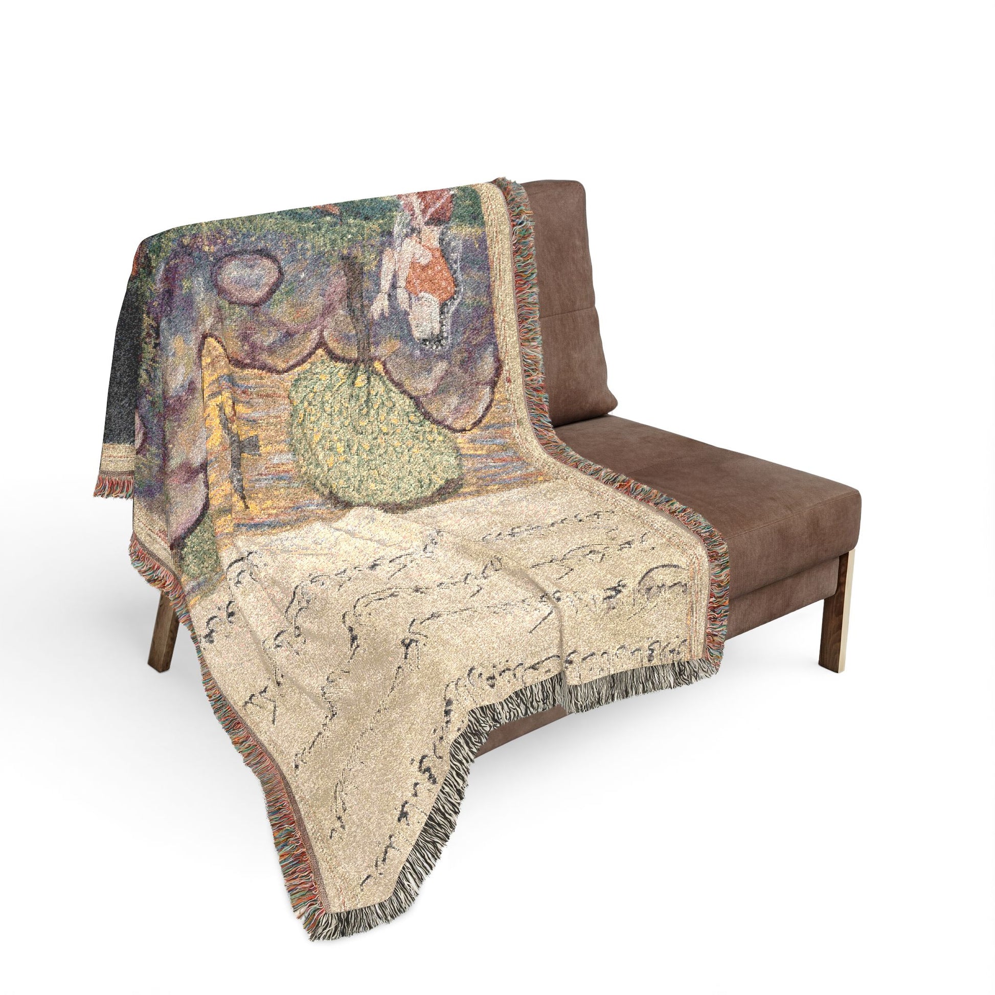 Banaras blanket on sofa, green animal fable scene with Persian script panel, cream fringe draping