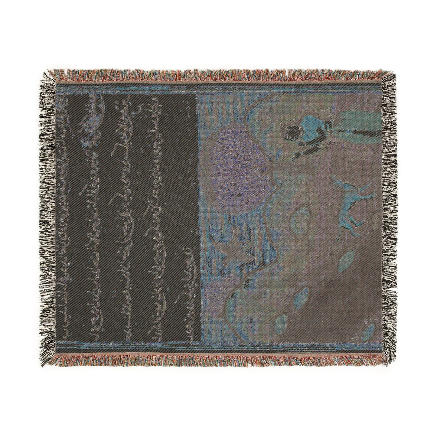 Banaras blanket reverse flat, dark charcoal with faint script lines and blue-grey fable shapes, fringe